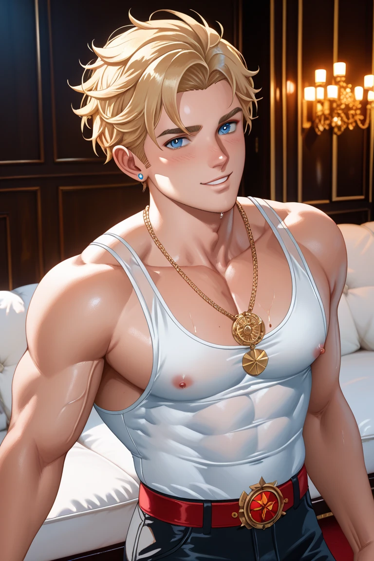 High Art - Portrait of Apollo, god of love and beauty. ! His beauty is incredible . body structure - perfection ! Handsome young man . naked. only thong . perfect chest muscles and big nipples on the chest . Emerald eyes . blonde hair ,on the neck there is a gold chain with a sparkling pendant and on the hand there is a sparkling bracelet. In the Golden Palace ! A photographic portrait of Apollo at his best ! top quality. Full body, muscular and slim, leaning against the wall, with bracelet and wearing shoes