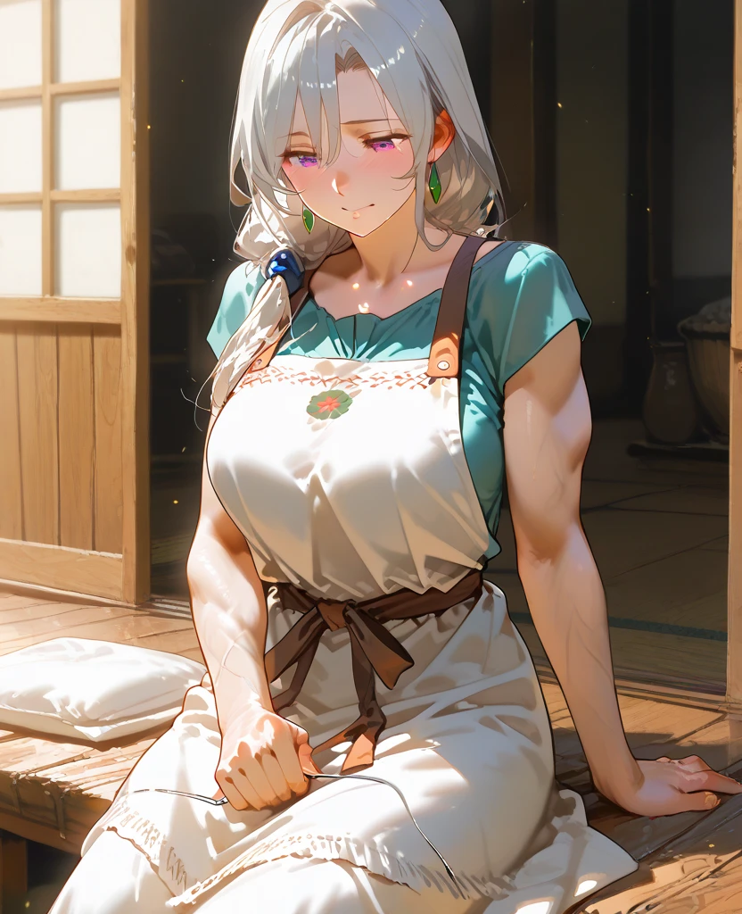 (from above:1.2),(from the side:0.9),(A masterpiece of image quality in 8K),(Beautiful Alafide woman),(((emphasizing breasts:1.1))),(Dynamic Angle),(Dynamic and sexy bending posture:1.3),(sit on the chair:1.1),(short hair,Shiny silver and orange interior,Small, plump breasts,Disorganization of clothing due to exercise,Slipping breasts,(Ponytail,Decorated with delicate braids and beads,Braided fishbone hair,),(See-through bang),(perky chest:1.1), (Pointed chest:1.3), Small Breasts、(((A white lace apron that shows your bare skin from under your Small Breasts)))、blush、Fascinated eyes、A smile that fascinates the audience、(Looking Back:1.7)、Look at the photographer,Sweat sparkling skin,Watching the audience,,(Professional lighting),(8K,On the table,Top quality,Ultra-high resolution output images,),(Ultra HD with intricate detail image mode),Depth of Field,Beautiful hands,Beautiful hands指,Detailed finger features,(Detailed hair features:1.7),Detailed facial features,Detailed clothing features, (perky chest:1.1), (Pointed chest:1.3), Seductive weak smile,(With sparkling eyes and an infectious smile),Small open mouth,