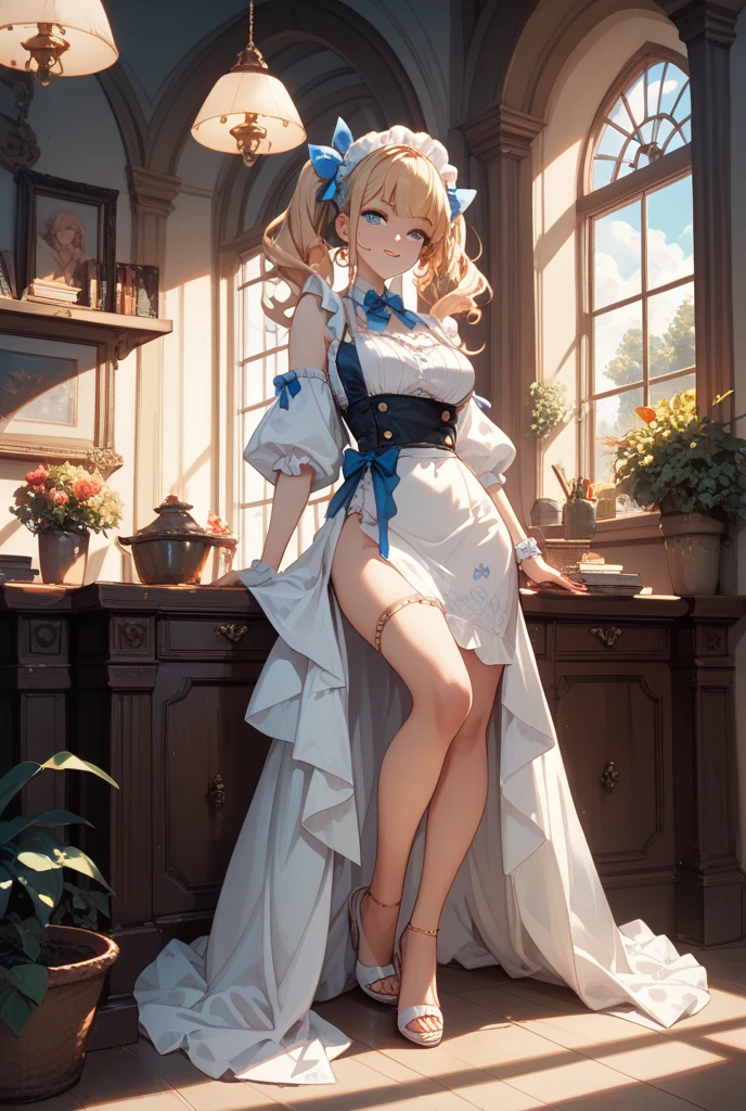 (A masterpiece of image quality in 8K),(Beautiful Allafed Woman),(((emphasizing breasts:1.1))),(Dynamic angles),(Dynamic and sexy bending pose:1.3),(sit a chair:1.1),(Short hair in shiny silver and orange inner colors,small full breasts,Disturbance of clothing due to movement,breast slip,(Ponytail twisted buns adorned with elaborate braids and beads,Braided Setup Fishbone Hair,),(see-through bangs),(perky chest:1.1), (pointed chest:1.3), small breasts、(((A white lace apron that shows your bare skin from under your small breasts)))、Blush with embarrassment、Enraptured eyes、A smile that beguiles the viewer、(Look back:1.7)、Look into the photographer,skin glistening with sweat,gazing at viewer,,(Professional Lighting),(8K,masutepiece,top-quality,Ultra-high resolution output image,),(Ultra HD with complex detail image modes),depth of fields,Beautiful hands,Beautiful fingers,Detailed finger features,(Detailed hair features:1.7),detailed facial features,detailed clothes features, (perky chest:1.1), (pointed chest:1.3),