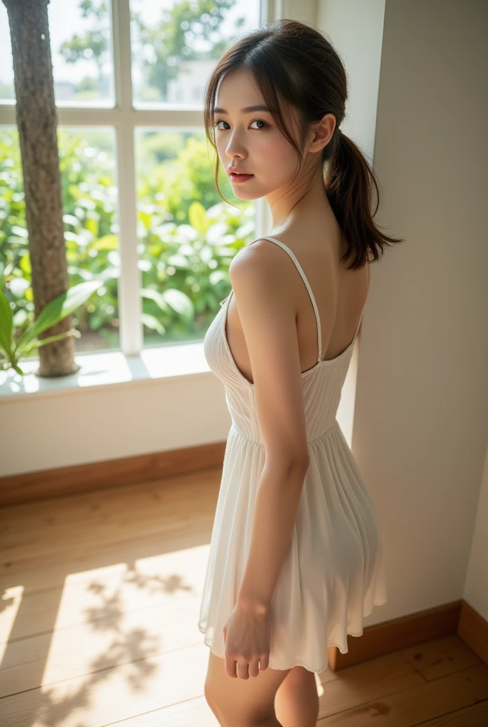 8k,Highest quality、23 year old white girl、Background Blur、super high quality、sunlight、Exposing shoulders、Bare back、Naked butt、Barefoot、Fair-skinned beautiful girl、disheveled bob hair、Small breasts、Small breastsの谷間、A shy smile、Clear contours、Adult atmosphere、High resolution skin、Fair and beautiful thighs、Small Ass、The hem is rolled up、、Barefootの付根、Shot in the back、off-the-shoulder sexy dress、Short length、Bold Pose、Well-proportioned face、Become a horse rider