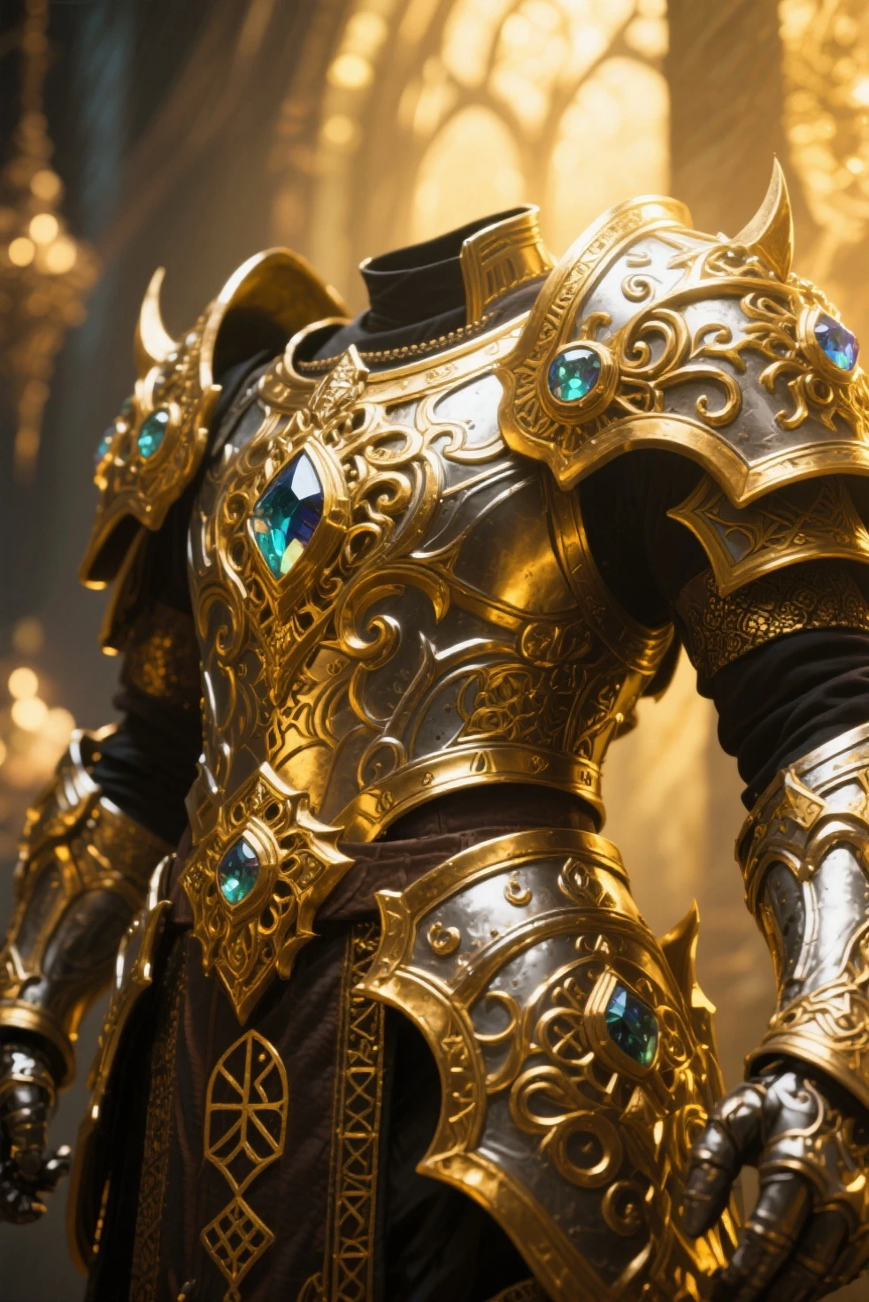 masterpiece. Ultra quality. ultra definition. very detailed. Lots of lights. Good light saturation. Side view. elevated plane. Fantastic scenario floating things. Highly detailed horned demon. long white hair. estilo 3D. intense look. Smooth skin. Highly detailed light reflections and shadows. Tunica. Black with gold embroidery. Very well detailed the pieces of armor on the fabric of the tunic and a necklace with a gem that flashes energy and fluorescent blue light.. In his hand is a detailed, transomed and sculpted staff of metal with touches of gold.. and platinum.