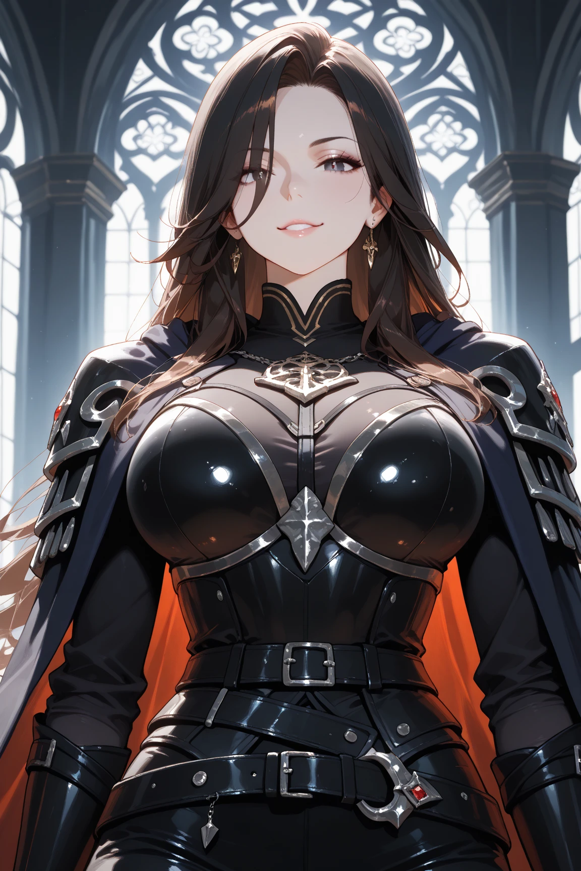 Striped hair, french braid, mismatched pupils, Chiaroscuro, illuminating, Gothic art, Best quality, Anatomically correct, High details，cavalier，holy paladin，Leather bandages，Metal chains, big tit，(Armor)，Heavy armor，Gorgeous armor, exposed belly, sword