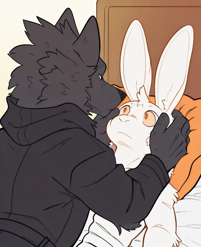 2 male furry wolves kissing, one gray and the other white, blushing and kissing with a hood on their heads