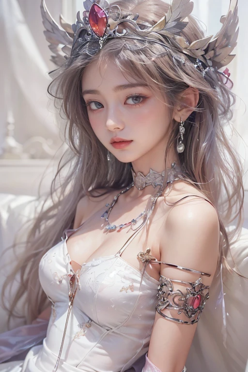gufeng,bare shoulders, ((full body)), sitting position, Sitting in the garden,best quality, masterpiece, ultra high resolution,(realistically:1.5), RAW photos, 1 girl, silver hair, long white hair,hair accessories,bshoulder,Cool and cool,Sexy look detailed scene, amazing pose, eye-catching accessories, picturesque