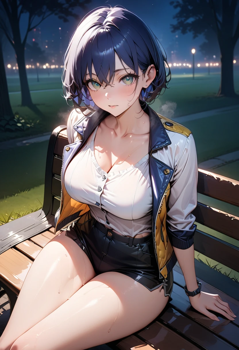 1girl, solo, ((full body)), village, trees, colorful hair, curly hair, ponytail, large breasts, button down shirt, ninja, ((black shirt)), ((unbuttoned shirt)), ((short sleeved shirt)), blue eyes, black shorts, katana, grin, looking at the viewer, standng, hair ribbon, bandage