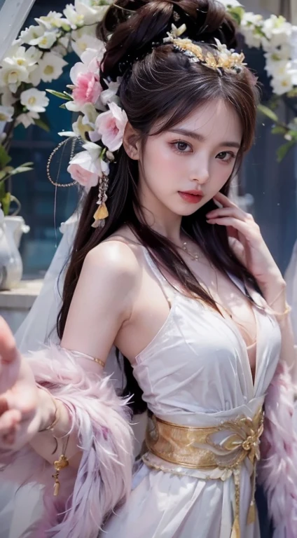 (8k, RAW photo:1.2), best quality, ultra high res,dramatic angle,(fluttered detailed color splashs), (illustration),(((1 girl))),(long hair),(rain:0.9), (Headdress:1.4),There is an ancient palace beside the girl,Hanfu,(Key Points),Color ink painting,(Splash of Color),Splash of Color,(((colorful))),(sketch:0.8) , Masterpiece, best quality, beautiful painted, highly detailed,(denoising:0.6),[splash ink],((ink refraction)), (beautiful detailed sky),moon,highly,detaild,(masterpiece, best quality, extremely detailed） CG Unity 8k Wallpaper，masterpiece，best quality，Ultra Detailed），（Lycoris）. hanfu open v   open V-chested clothes Thin silk lace dress , (huge ，cleavage),, white pink, blue ，best qualtiy，tmasterpiece，Ultra-high resolution，（Reality：1.4），RAW photogr，（True skin texture：1.3），（filmgrain：1.3），（Selfie angle），1个Giant Breast Girl，Beautiful eye and face details，tmasterpiece，Best quality at best，，The chest more exposed， detailed hair, bra pink , detail 8k, upper body, lace petticoat