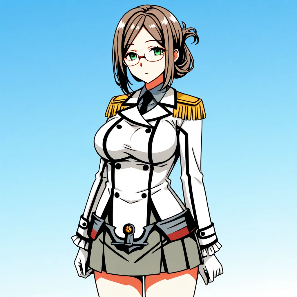 1990s anime cels style, best quality, high resolution, big eyes, 1girl, huge breasts, katori \(kancolle\), light brown hair, folded ponytail, parted bangs, green eyes, glasses, rimless eyewear, military uniform,white jacket,epaulettes,black necktie,white gloves,grey pencil skirt, black pantyhose, blaak bra, blush, embarrassed, smile, looking at viewer, bra lift, squinting