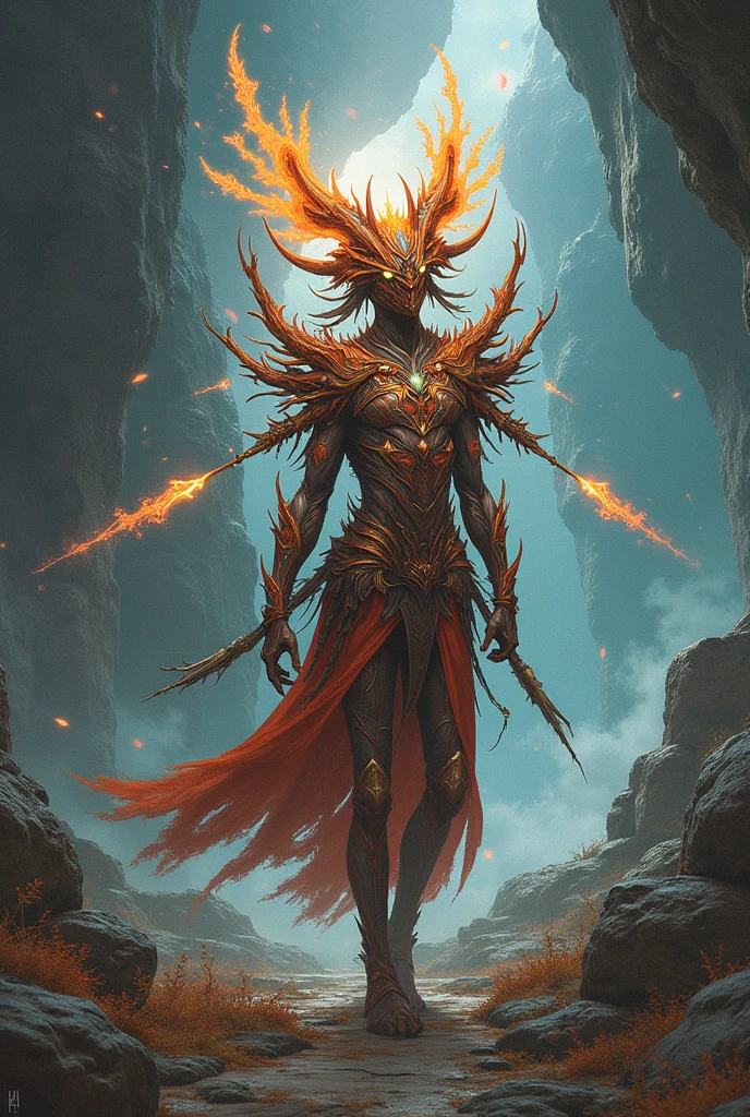 a magical female figure with wings, covered in a mixture of ashes and embers, in a forest. The wings should have an organic texture of ashes, with glowing embers and fire spots. The figure should be in a meditative pose, with arms extended and sparks of fire in her hands. Soft forest lighting in the background, with focus on the central figure. Details of ashes and embers detaching from the body and wings, creating an ethereal and magical effect. Predominant colors of gray, orange, and red, with bright fire details. Realistic and highly detailed style. --ar 9:16