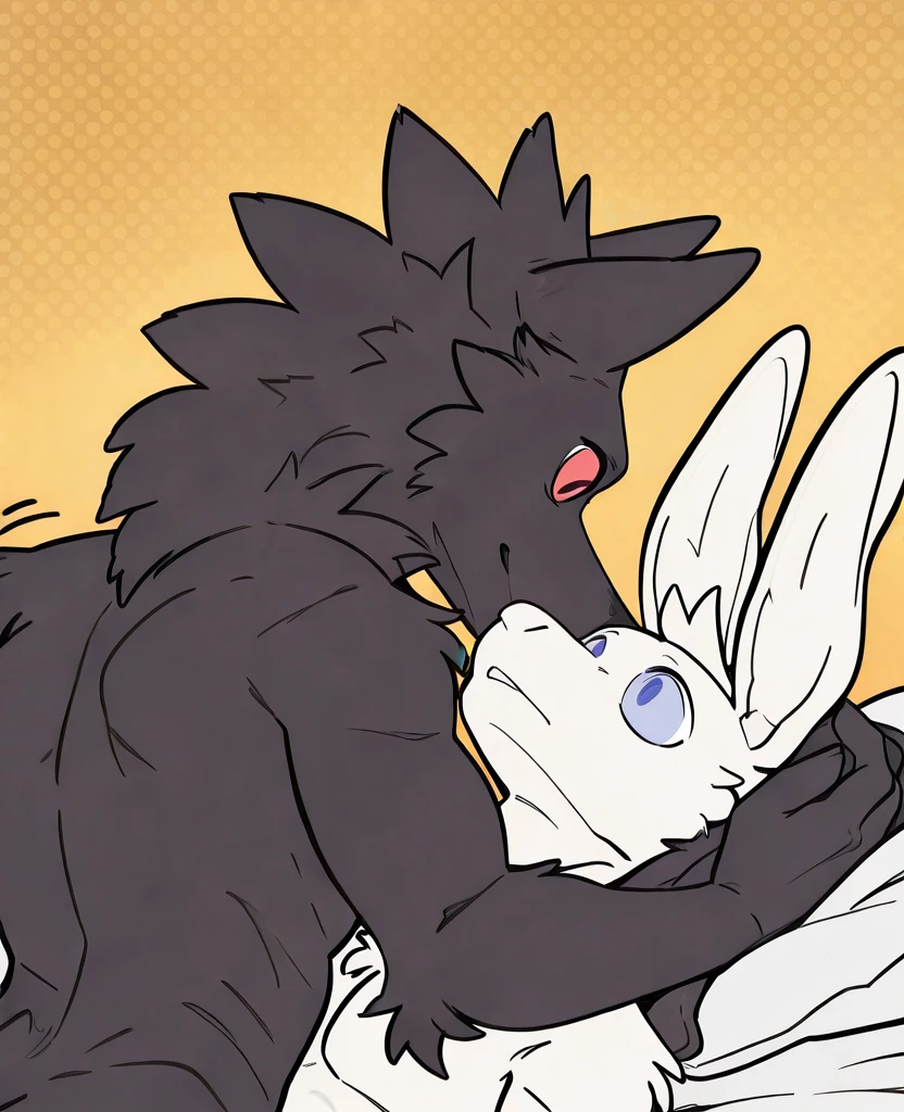 Duo, score_9,score_8_up,score_7_up, source_cartoon, kemono style, (roxanne wolf from fnaf, feet paws four toes, long white hair), eyes closed, naked, simple background, sex, sex with faceless brown haired human male, males face cropped out, missionary position sex, she is lying on her back, on a bed, her legs are spread, male is grabbing her thighs, side view, simple white background