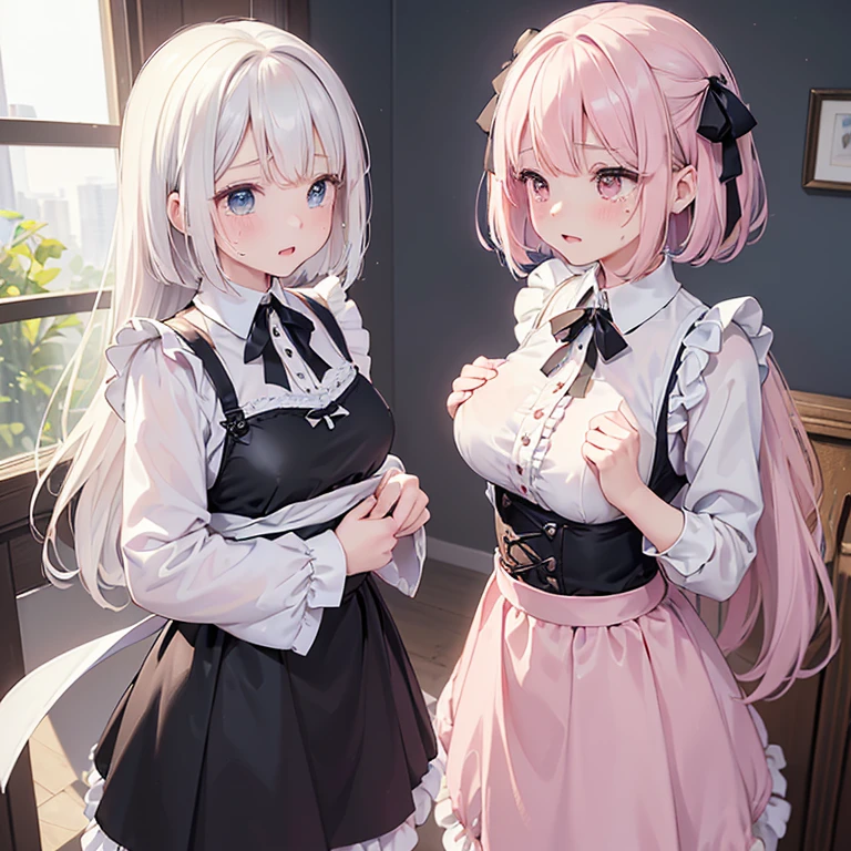 highest quality、masterpiece、((2 girls:1.5))、((smile:1.3))、(blush:1.3)、Black Shirt、blouse、((fun!!))、(Small breasts)、()、Blonde、(Long sleeve)、((White apron:1.5))、((Maid))、((hair ornaments)),、Kamimei、look at me、 ((in house:1.5))、 Taking a break from watching the audience、Cowboy Shot、(Skirt lift:1.3),(Highly detailed pink striped panties:1.3)、(Highly detailed panties:1.3)、、(スカート that rolls up:1.3)、(Panties fully exposed:1.5)、Light blue eyes、long hair、Glowing Eyes