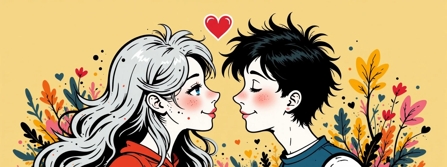 A couple of a couple a boy and a girl, kiss under a neon heart with the strawberry "I love you". The girl has long silver hair., The boy has wavy black hair, background of yellow and ochre leaves, autumnal type with pink flowers.