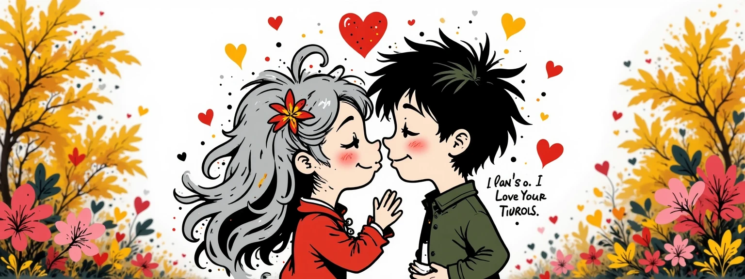A couple of a couple a boy and a girl, kiss under a neon heart with the strawberry "I love you". The girl has long silver hair., The boy has wavy black hair, background of yellow and ochre leaves, autumnal type with pink flowers.