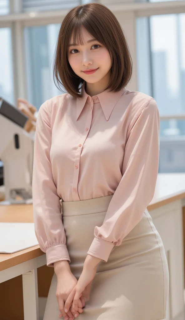 ((highest quality、8K、masterpiece:1.3)), full body esbian, mature woman, long legs, sharp focus:1.2, beautiful woman with perfect figure:1.4, thin abs:1.1, The background is an office, ((dark brown hair、wavy long hair、burst chest:1.2)), (Pale pink collared shirt with all buttons closed, black tight skirt, I'm wearing black tights., Business Look, Huge chest about to burst from a button, Thin and toned hips, sit on a chair and cross your legs:1.2), Highly detailed face and skin texture, detailed eye, double eyelid, 25 year old woman, mature woman, smiling face