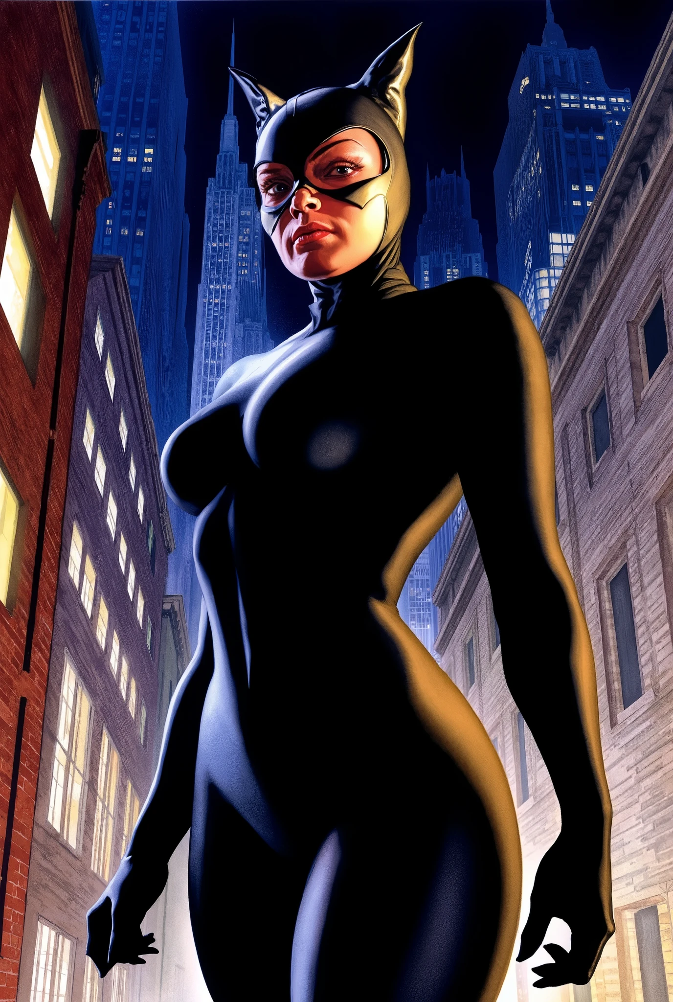 AlexRossstyle, catwoman, dramatic lighting, comic book art, city nightscape, scowling, brooding