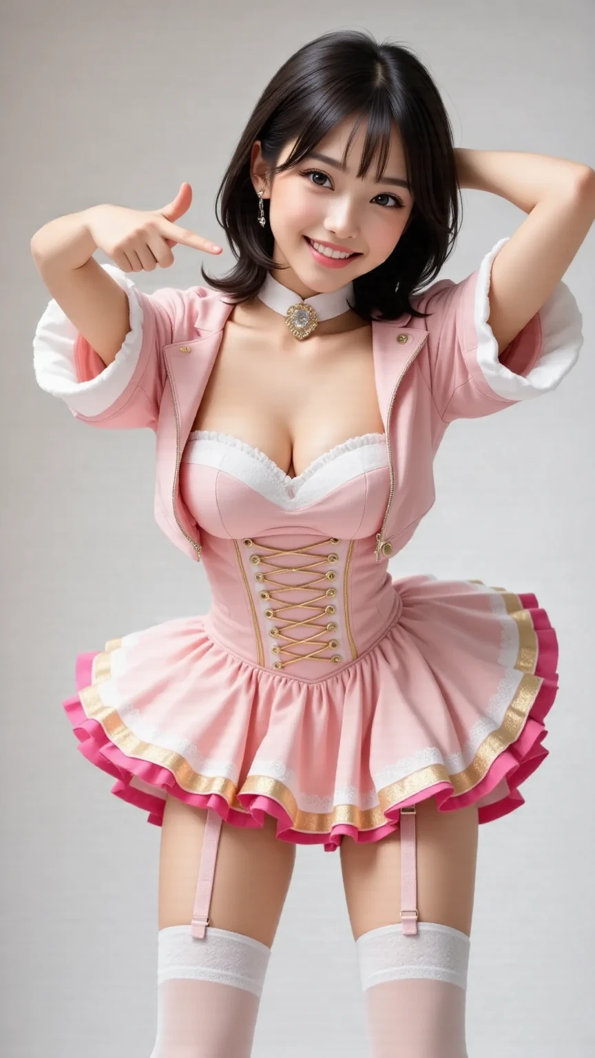 (8K、Raw photography、highest quality、masterpiece:1.2),(black haired、very short hair:1.8),(twin tails:1.how viewer,Looking at the front,erotkin,(Wearing a shiny pink ranger costume:1.9)、()、(Clothing that emphasizes the shape of your chest、publish one'skin:1.5)、(big breastm body shape、ulhigh resolution,beautiful,beautiful fece,(alone、no background:1.9),whole bodyボディー,japanese woman,(Photoreal:1.37)、photon mapping,reality、(Baby-faced and cute: 1.0)、(cute smile: 1.7)、(With a round face: 1.7)、radio city、Physically based rendering、depth of field rally background、photograph, (I can see your knees、short skirt、I can see white panties、close up of thigh(show polka dot panties:1.4),whole body、super fi
