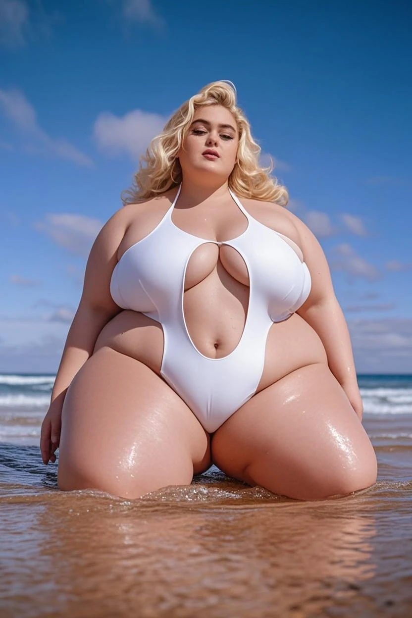 25 year old girl, white, light green eyes, wearing full white dress, 8k, best quality, art, dramatic lighting, blonde, bodybuilder shape with thick thighs, butt slim waist, medium breasts, vibrant colors, with desalsos feet, sweet, looking at the sunset in front of the sea, Photorealistic