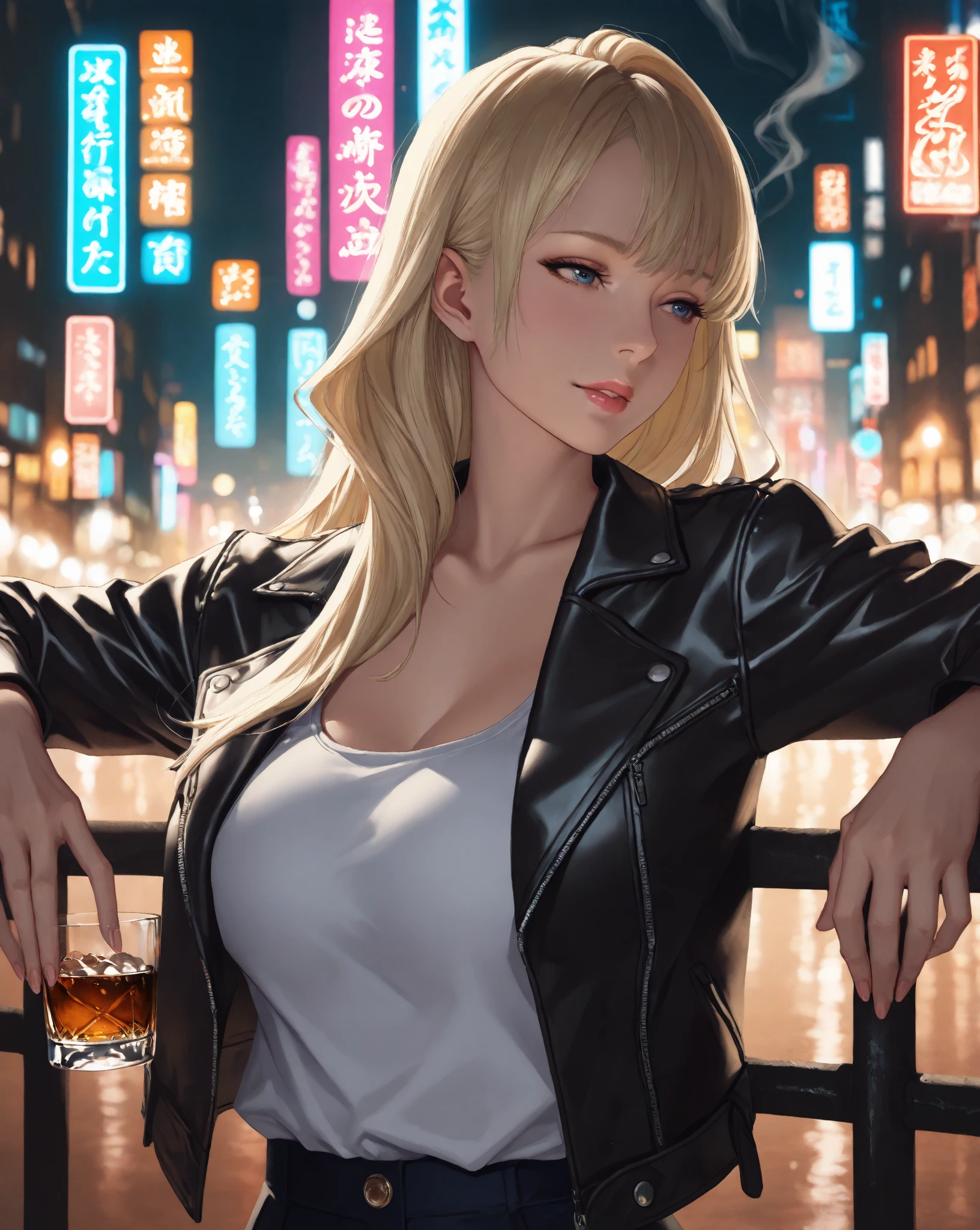 ((masterpiece)),((best quality)),((high detail)),((realistic,)), Cyberpunk, architecture, nightclub, ballad, people toasting, drinks, party, perfect hands holding drink, delicate hand, detailed hand, 1girl, short curly hair, dark blonde, light brown eye