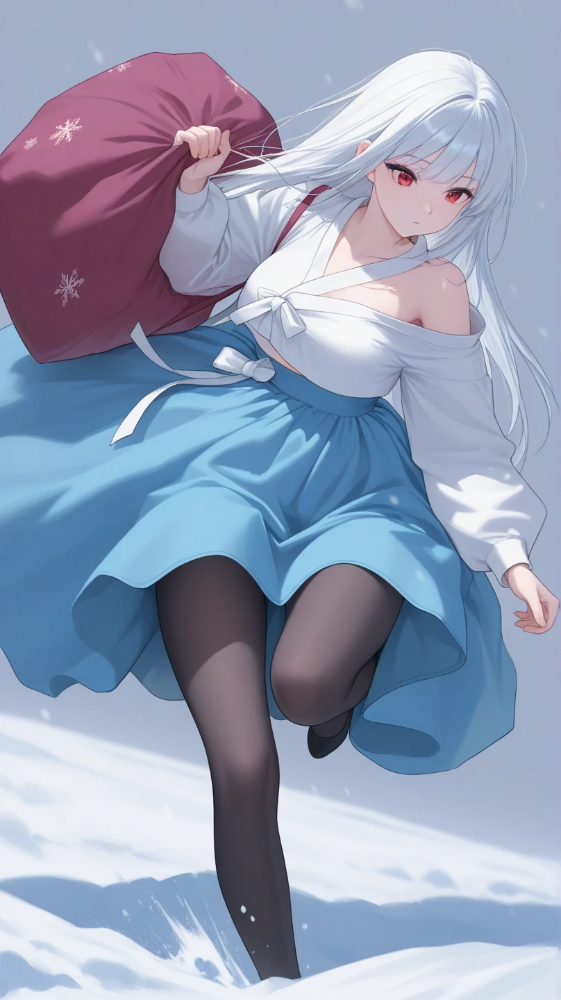 Seen from a snowy village, the ice-blue Giantess Goddess, adorned in a gown of crystalline ice, strides through the frosty landscape. Her silver eyes glint with cold amusement as she scoops up villagers, their breath turning to mist in the icy air. "You can't escape the cold," she whispers with a cruel smile, their panic only fueling her pleasure.