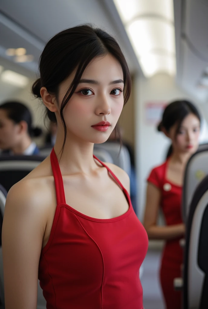 highres, masterpiece, perfect ligthing, bloom, cinematic lighting, adult, perfect skin, female, (looking at camera:1.55), realistic skin,realistic, (photorealistic:1.3), woman, soft light, perfect face, ray tracing,extremely detailed cg, High quality shadow, a realistic representation of the face, Detailed beautiful delicate face, Detailed beautiful delicate eyes, extremely detailed skin texture, tan,
big light eyes, slender, slim, korean,idol,
eyeliner, red lips, (small breasts),
beautiful eyes,
dressed, cleavage,skirt,
(air hostess uniform), (hair up:1.2),
airport,
ana de armas,
<lora:AnaDeArmasv2:0.8>