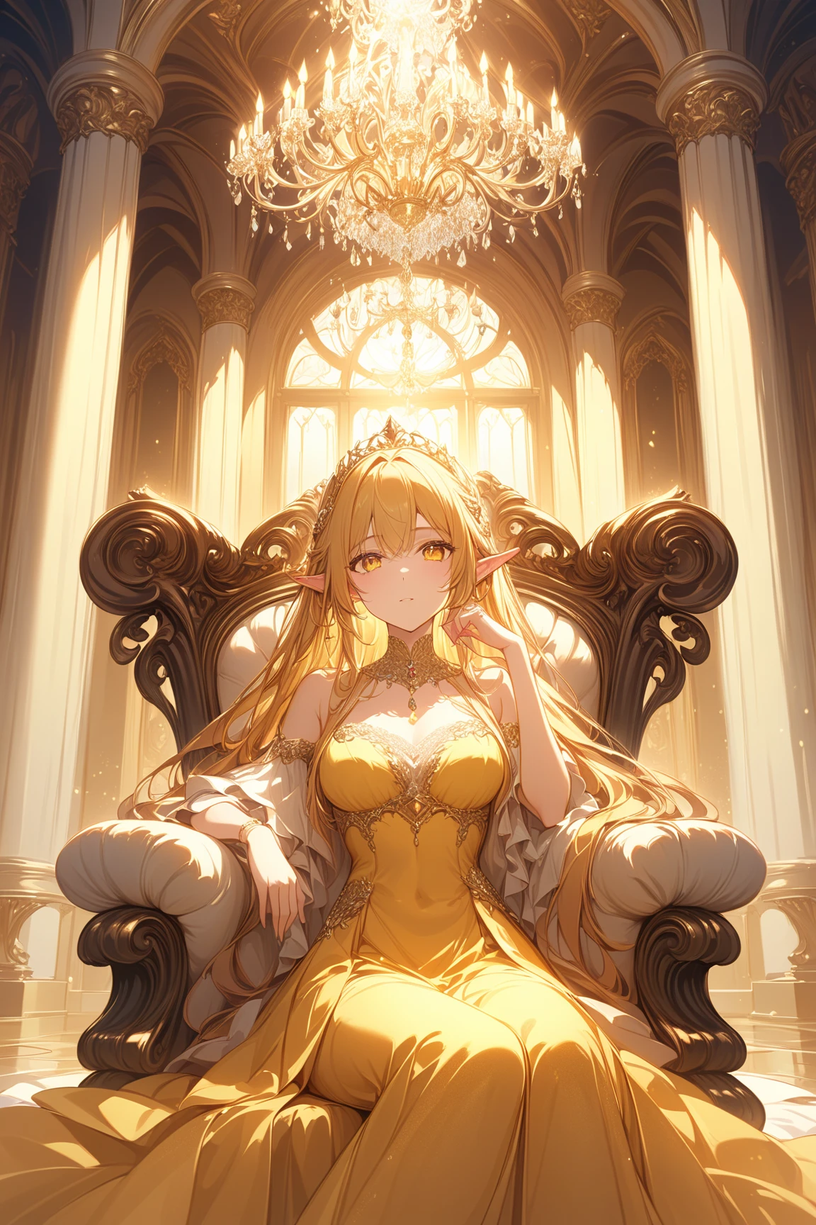 The image prompt could be:

"A regal woman seated on a grand golden throne, surrounded by opulent golden decor and columns. She is wearing an intricately designed golden gown and adorned with luxurious gold jewelry. Her expression is serene and authoritative, with flowing blonde hair cascading over her shoulders. The background is bathed in a warm golden light, emphasizing her royal and majestic presence.A Japanese high school girl (gyaru) with large breasts.