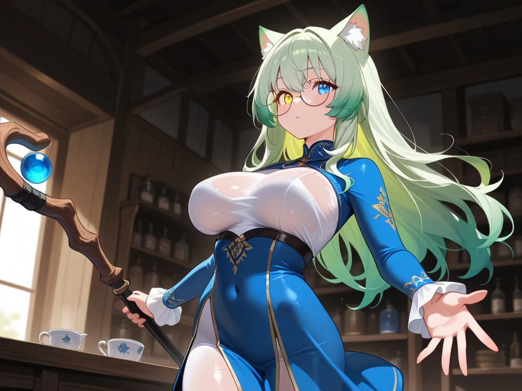 masterpiece, best quality, ultra-detailed, illustration, epic lighting, cinematic composition, colorful, <lora:nanachiMadeInAbyss_charNanachi:1> 1girl, cute, chibi, (furry, furry female, fluffy:1.2), long gray hair, bangs, sidelocks, green eyes, :3, fangs, animal ears, tail, nanachihat, breast milk latte, naked apron, cleavage, sideboob , (green apron:1.1), (holding cup:1.1), marker, meme, cafe, (looking at viewer:1.2), cowboy shot, (8k:1.1), <lora:breast_milk_latte:0.7>