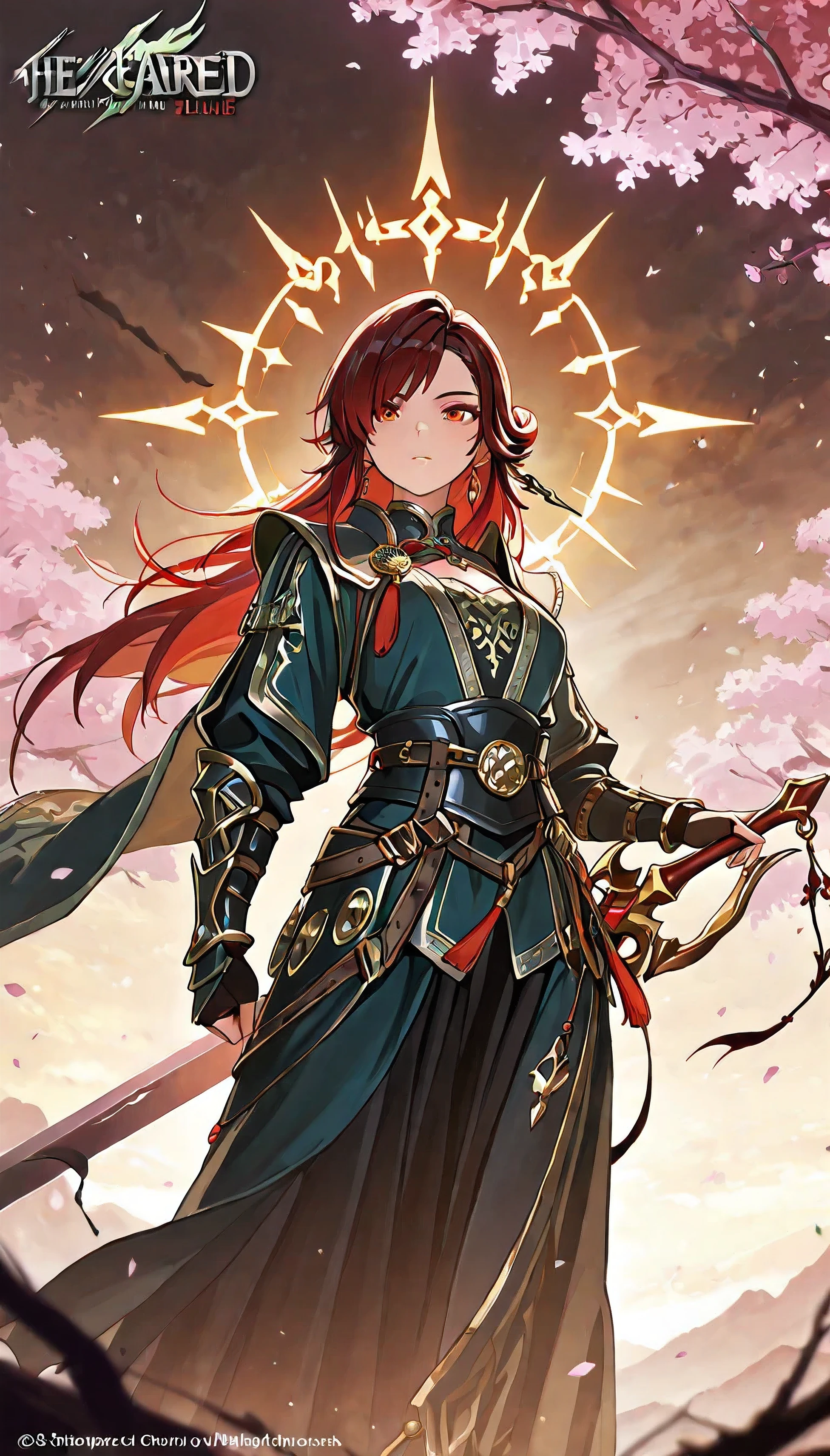 masterpiece, best quality, highres, rare equipment, legendary Hua Mountain Sword forged from a falling meteor, elegant blade shimmering in a gradient of stormy grey and electric blue, the sharpened edge glowing bright blue, hilt and guard intricately carved from a mythical cherry wood branch of Hua Mountain, the branch wrapping organically around the blade, adorned with delicate pink cherry blossoms and fresh green leaves, subtle meteorite metal textures, soft natural lighting highlighting the gem-like sheen of the blade, cinematic fantasy art style, 9:16 aspect ratio
