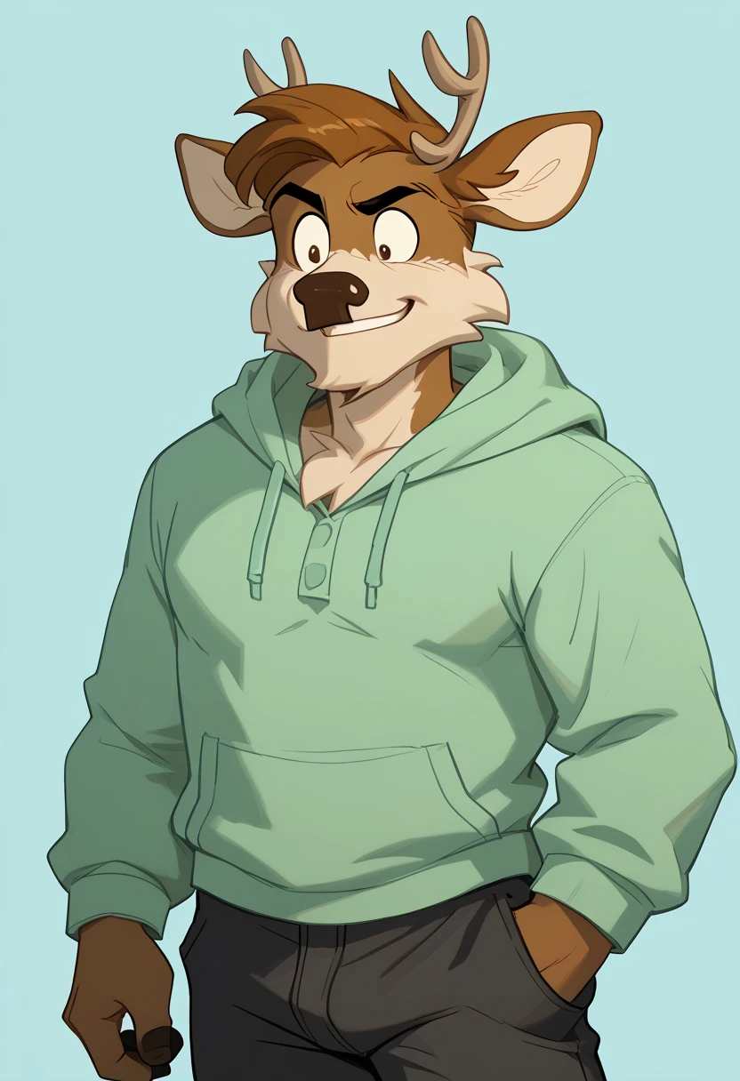 A muscular caramel brown colored fur anthropomorphic grizzly bear, himbo body, closed smile, green hair, green eyes, dressed with a casual clothes, standing, high quality furry art.