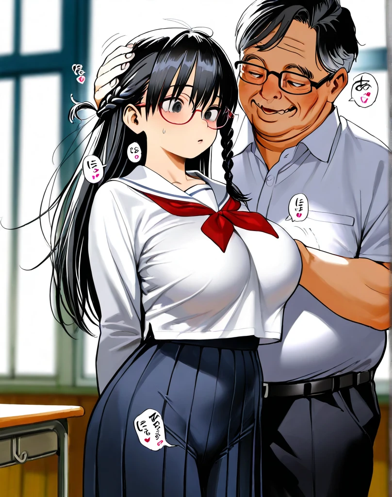(1girl, 1old man:1.8), (old man and girl hugging:1.8), Anime cel drawing style, masterpiece, Best Quality, High resolution, nsfw, cowboy shot:1.6, (gigantic breasts:1.6), shirt lift, panty shot, fear, Purple hair, Bangs, Side Ponytail, Hair Ornament, highleg panties thong, bra, classroom, White sailor suit, Short sleeves, red neckerchief, (1girl 1old man kiss:1.8),