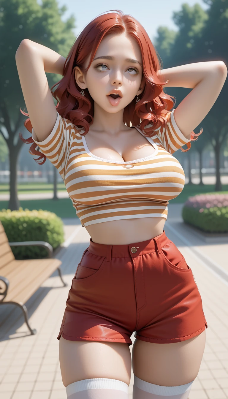 merula, full body, red jeans, thighs,  high heels, blouse, solo, nude tits