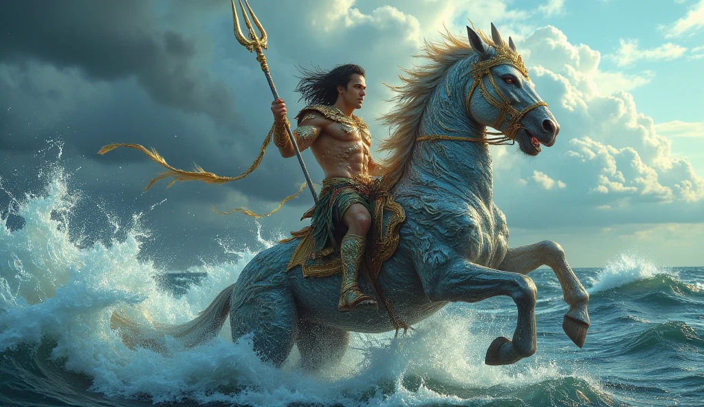 One man with good height and six pack body sitting above the horse with knife on his hand ,he is under the ocean that horse and the man are under the ocean,he is bramhana man and he weared pure white cloths on his body ,he is with less beard and long hair with good looking beautiful face ge has There are total six persons like him under the ocean