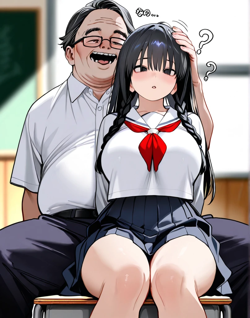 (1girl, 1old man:1.6), (hetero, intercourse with a man:1.8), Anime cel drawing style, masterpiece, Best Quality, High resolution, nsfw, full body:1.8, (gigantic breasts:1.6), shirt lift, panty shot, fear, Purple hair, Bangs, Side Ponytail, Hair Ornament, highleg panties thong, bra, classroom, White sailor suit, Short sleeves, red neckerchief, (old man suck breasts)