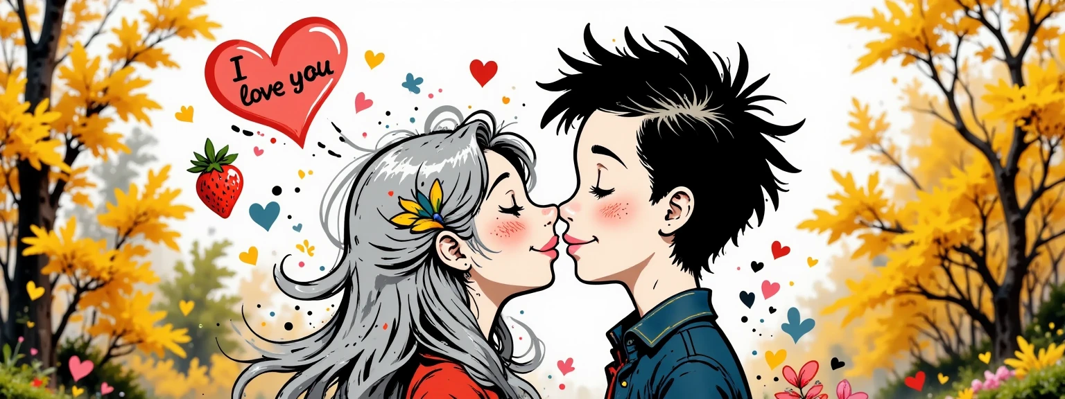 A couple of a couple a boy and a girl, kiss under a neon heart with the strawberry "I love you". The girl has long silver hair., The boy has wavy black hair, background of yellow and ochre leaves, autumnal type with pink flowers.
