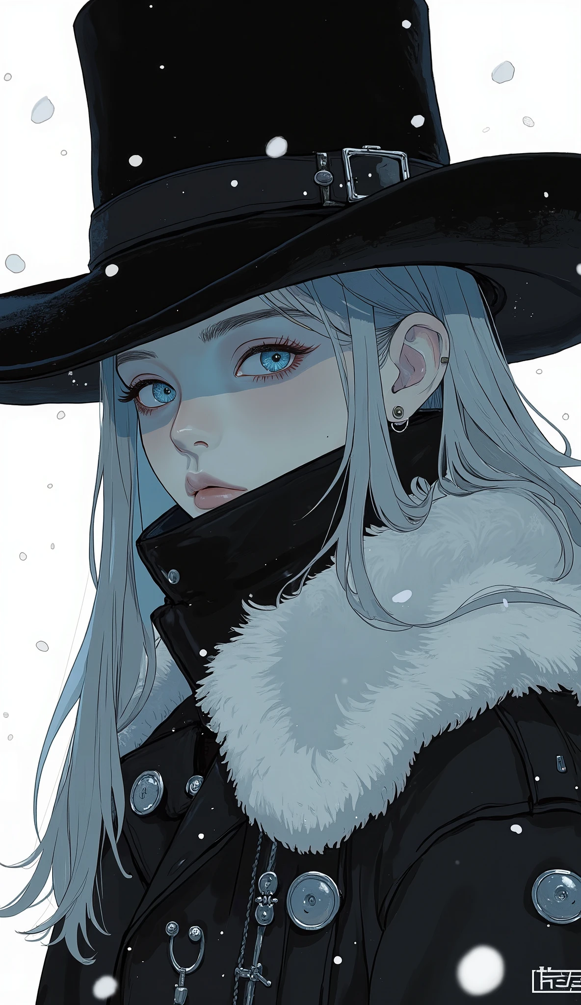 long gray haired anime girl in a black hat and fur coat, black and white manga style, Tanaka Ichimura, in the style of Guweiz, by EiQ, inspired Le Chevalier, Le Chevalier, Reusch |, Jin Non, Portrait of an Arab woman wearing a black hat and black coat inspired by Yasuda Yukihiko, In the snow, white-haired woman