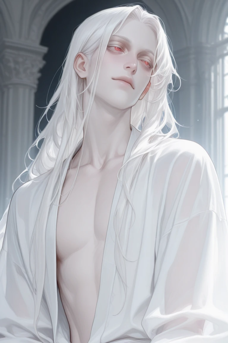 there is a male anime character with white hair and a white cape, white haired deity, beautiful male god of death, with long white hair, white haired, moon behind him, inspired by Sigurd Swane, with white long hair, silvery skinned male, god of moon, skinny male fantasy alchemist, white-haired, inspired by Bian Shoumin