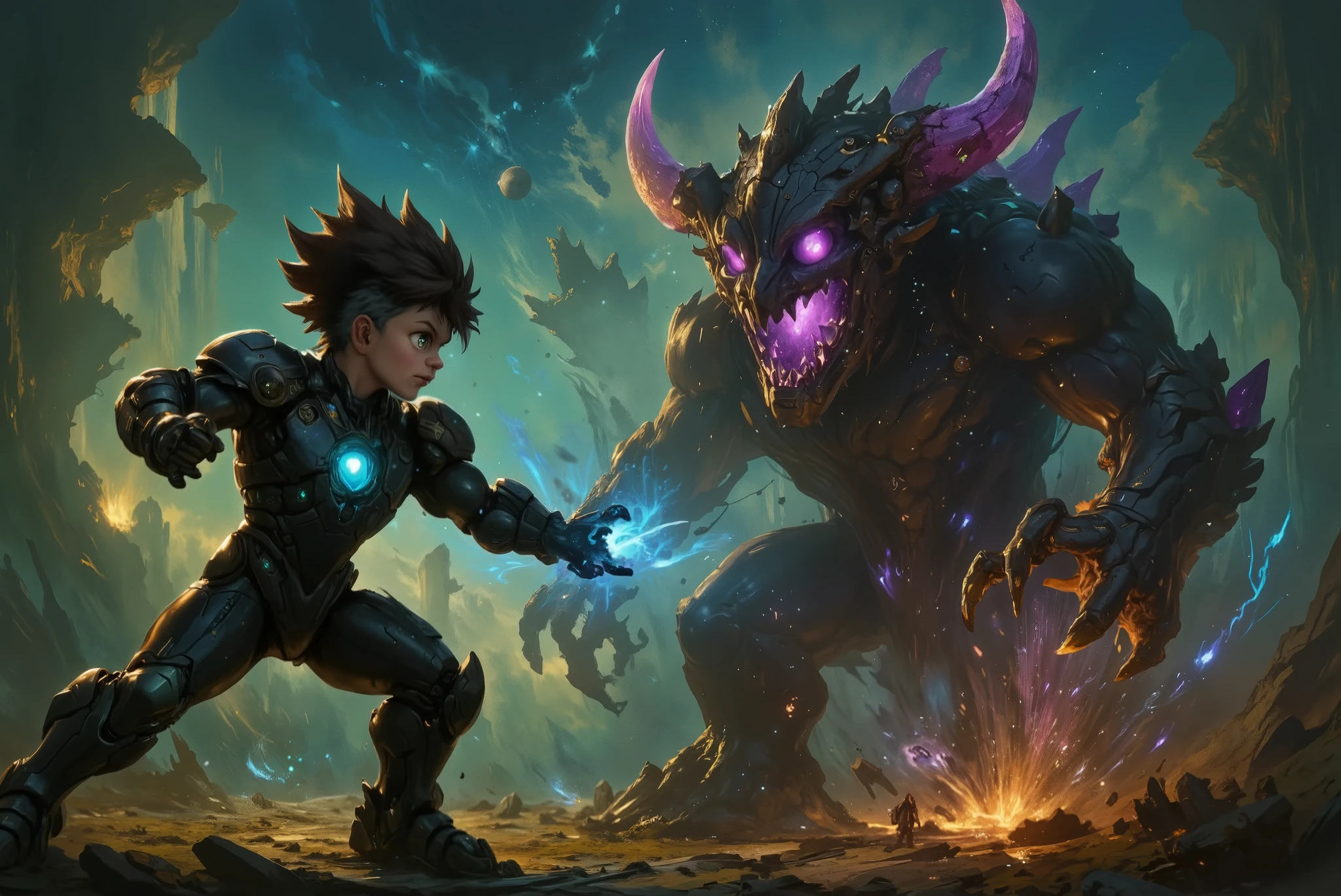 Haiate, the young warrior in black technological armor with blue and green LEDs, bright blue eyes and spiky dark brown hair, fights an epic fight against a monster Colossal with stone skin, glowing eyes and purple crystal horns.

Haiate easily dodges a blow from the monster, rolling aside while shooting a beam of blue energy from his hands, that hits the shoulder of the creature. The monster roars with anger, advances with a powerful punch, making the ground tremble. sparks, stone fragments and magic light explode on impact between attacks.

The scenario is Mystic Valley with floating cliffs, golden waterfalls and magic blue mist, at dusk with auroras in the sky. Mystical symbols shine around, Enquanto a batalha se intensifica.

The camera moves slightly in the open plane, showing the two in combat choreographed with epic visual effects.

Estilo: Anime 3D realista, ultra detalhado, dynamic lighting, special effects with particles, smoke and mystical glow.