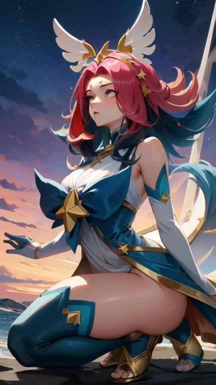 ((masterpiece)), ((best quality)), best shadow, an extremely delicate and beautiful, dynamic angle, finely detail, depth of field, 1girl, ((high ponytail)), [blonde|blue|pink]_hair, ((multicolored hair:1.25), (long hair:1.2), (red eyes:1.3), detailed hands, detailed legs, ((floating in space:1.3)), (sexy poses), (goddess dress:1.5), full body, seductive, light smile, ((in the space)), (moonlight), glinting stars, night, outdoor, starry sky, beautiful, ((black stockings))