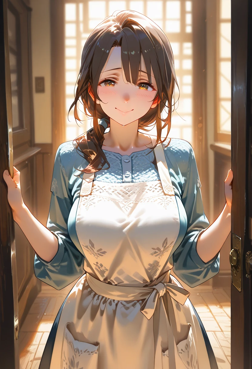 masterpiece、1 beautiful girl、fine eyes、puffy eyes、highest quality, 超High resolution, (reality: 1.4), movie lighting、Japanese、asian beauty、Korean、super beautiful、beautiful skin、body facing forward、close up of face、(超reality的な)、(High resolution)、(8K)、(very detailed)、(美しくfine eyes)、(Super detailed)、 (wall-)、detailed face、bright lighting、professional lighting、looking at the viewer、look straight ahead、slanted bangs、Nogizaka idol、korean idol、masterpiece, highest quality, masterpiece, highest quality, perfect face, perfect brown eyes with white sclera, Bad hands-5, alone, 1 girl, Upper body, brown hair, From SF2, Chinese service, smile, wide hips, muscular woman, blue clothes, pantyhose, pelvic curtain, Puffy short sleeves, bun cover, sash, evaluation:Safety