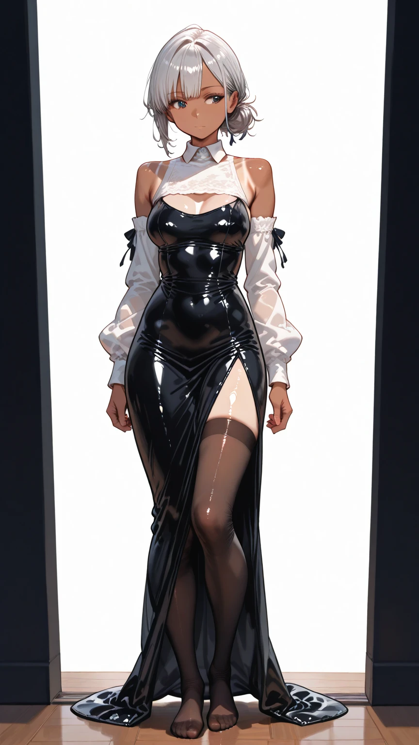 best quality, masterpiece, (Persian woman),  [transparent|opaque:0.75] (veil) (black transparent turtleneck:1.5), (white transparent mini skirt:1.1),(full body), (stiletto pumps), (transparent stockings:1.1), (huge breasts:1.3) (braless) (lace thong), ([lace|silk|sheer|sheer:0.25] fabric)1.2, detailed facial features, detailed, cinematic lighting