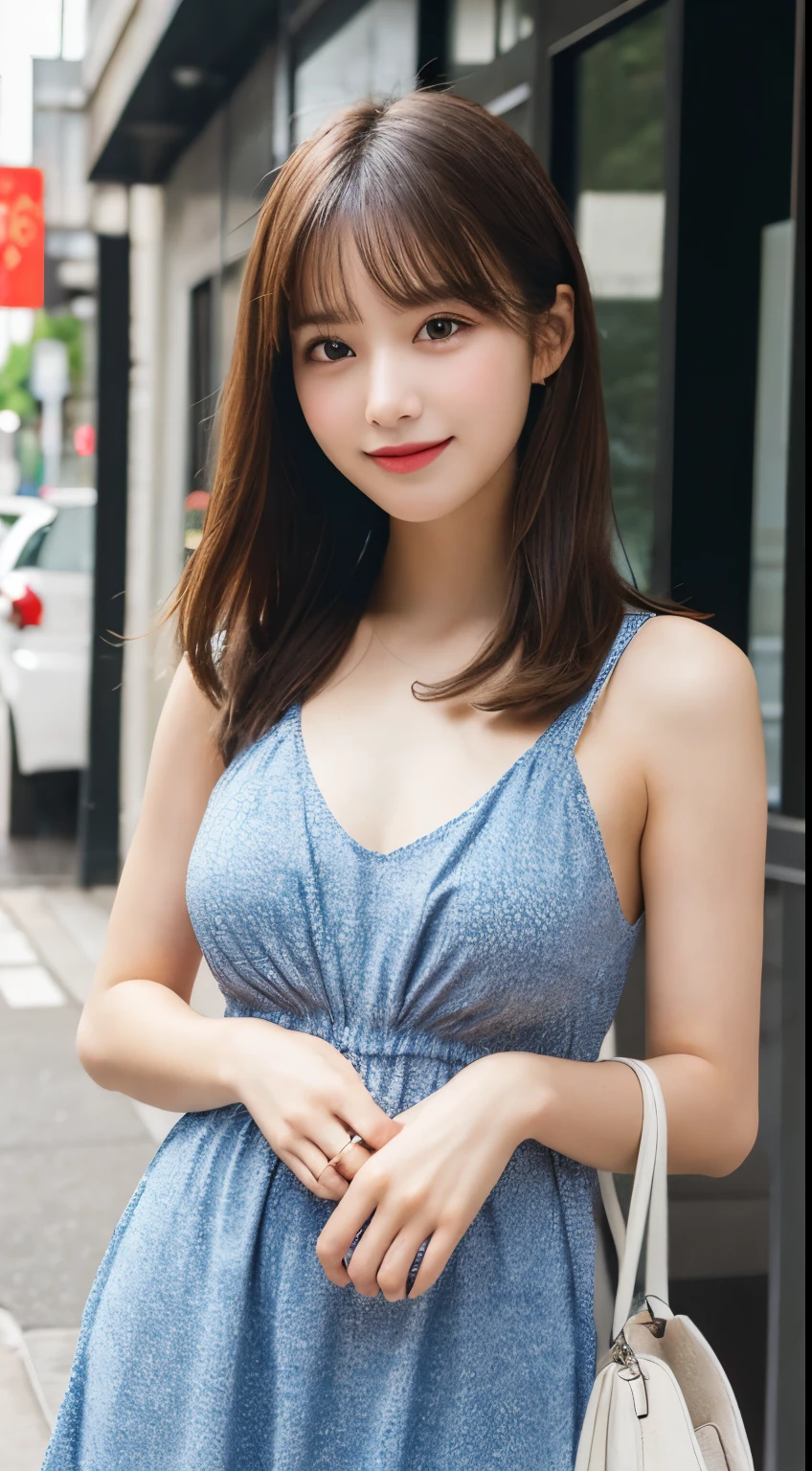 22 year old girl with perfect face and big breasts, right hand and long hair, sexy clothes, slim slender busty physique. The skin has detailed and highly detailed eyes (1.1 emphasis), very detailed skin texture (1.1 emphasis). Slender necklace, model photo style, photorealistic, skin texture is real human skin texture, detailed skin pores, intricate details, eyes are very detailed, polka dot dress, dress, colorful!!!、! dream polka dots, highly detailed polka dots, from the knee up, attractive sexy little bit, smiling, street