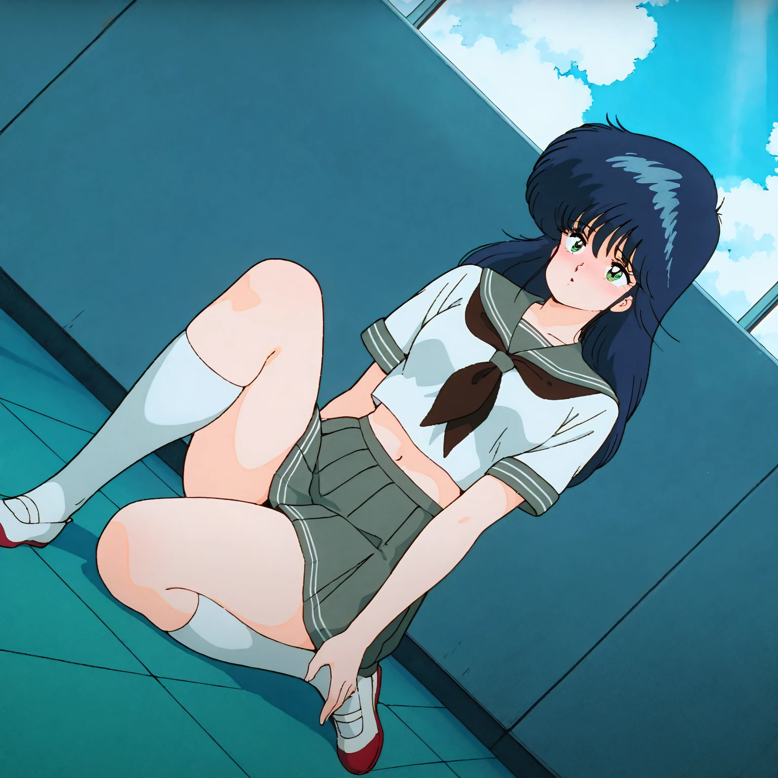 Best Quality, masutepiece, 超A high resolution, (Photorealistic: )2D official style cel animation Urusei Yatsura Kaze Lift the shirt Skirt Pulling Up open one's legs stairway Crouching frontage black miniskirt with white lines girl with 校服 Light blue lace bra You can see the light blue lace panties Longhaire interview