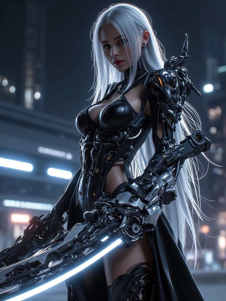 (Foto RAW, highest qualityr, Obra maestra: 1.2), (realista, fotorrealista: 1.4), (Obra maestra: 1.4), (highest qualityr: 1.4), (Super detailed), 2b NIER automaton, ((Unidad Yorha no 2 tipo B)), ((alto contraste)), (high saturation), (Hermosos ojos de detalle), ((muy delicado y hermoso)), (manos encantadoras, Manos perfectas), ((Cinco dedos precisos, dedos hermosos femeninos)), (The background is a mechanical cybernetic city in ruins), ((view from back)), ((trasero perfecto)), ((perfect ass, very very short skirt)), 1 girl in, solamente, Cabello largo, Bloqueo lateral, asymmetrical bangs, Hermoso cabello de vidrio detallado, bodysuit, Guantes negros, pechos grandes, Al aire libre, Ingesta de cabello, Traje imposible, Ropa imposible, mangas largas, Ver visor, Bikini grueso de cuero negro, cuero negro con superficie rugosa, cyber suit, Intricate pattern on the surface of the suit, piezas finas, Ojos azul claro, ( ropa muy brillante), piel tensa, Gran escote, vientre tonificado, Abdominales divididos, Brecha entre el muslo, muslos delgados, (Trasero apretado, small hips, Small rear, Little tramp, cadera diminuta, lindo trasero, caderas delgadas), (piel brillante), (real), pose sexy, Cybernate_ Jawless, Machine Parts, Cybernate, Urbansamurai_v0.3, APAGADO_robot, robot, Mechaware, tattoo with pattern or letter on bare skin