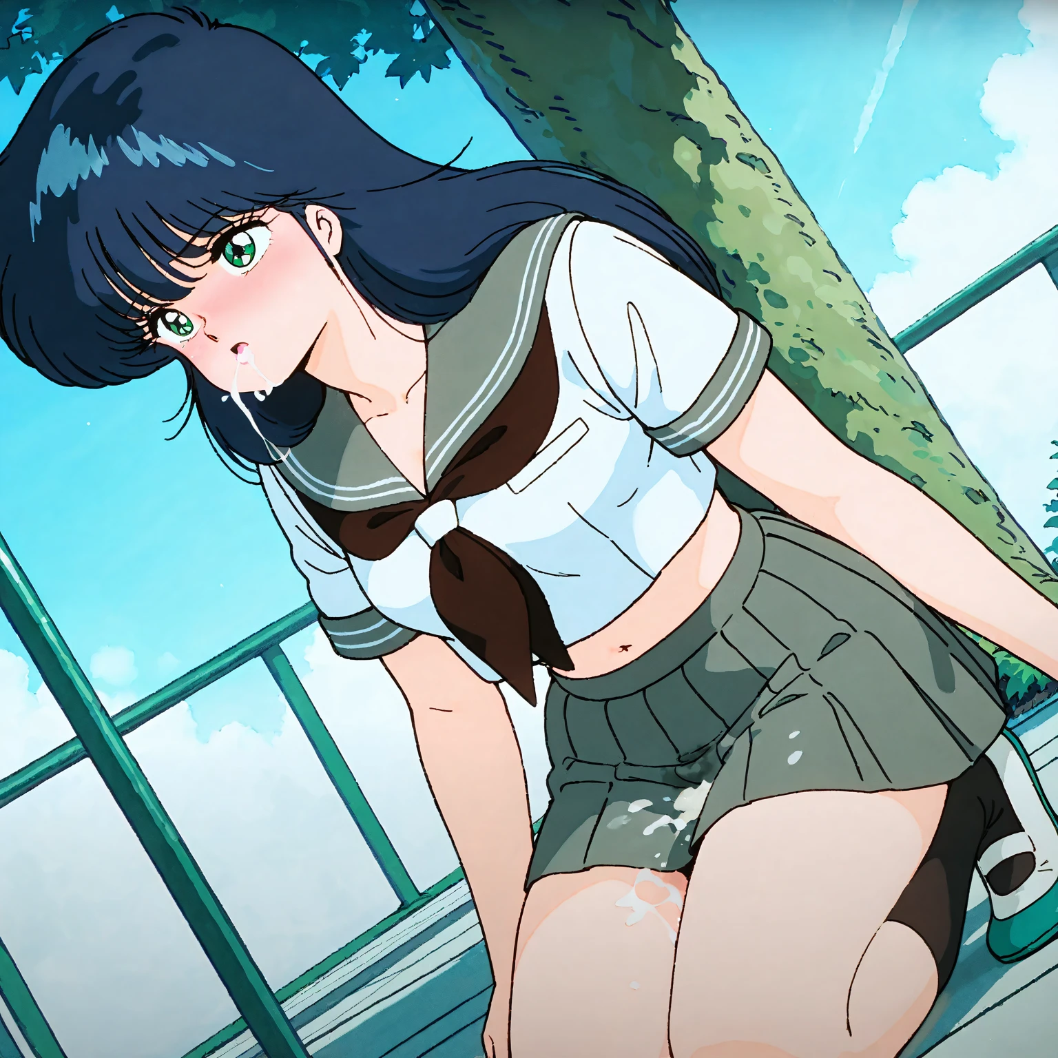 squat, Madoka Ayukawa, 14 years old, bangs, 1girl, masterpiece, highest quality, disorganized, retro artstyle, 1980s \(style\)))), look viewer, (((scool sailor uniform))), full blush, (((no Panties))),, Take a look here, (((nsfw))), view audience, nsfw, Genitals are visible,1girl, (((See here))), nsfw, (Japanese girl showing off genitals:1.1), look viewer, (((squat on the beach, knee standing,))),
