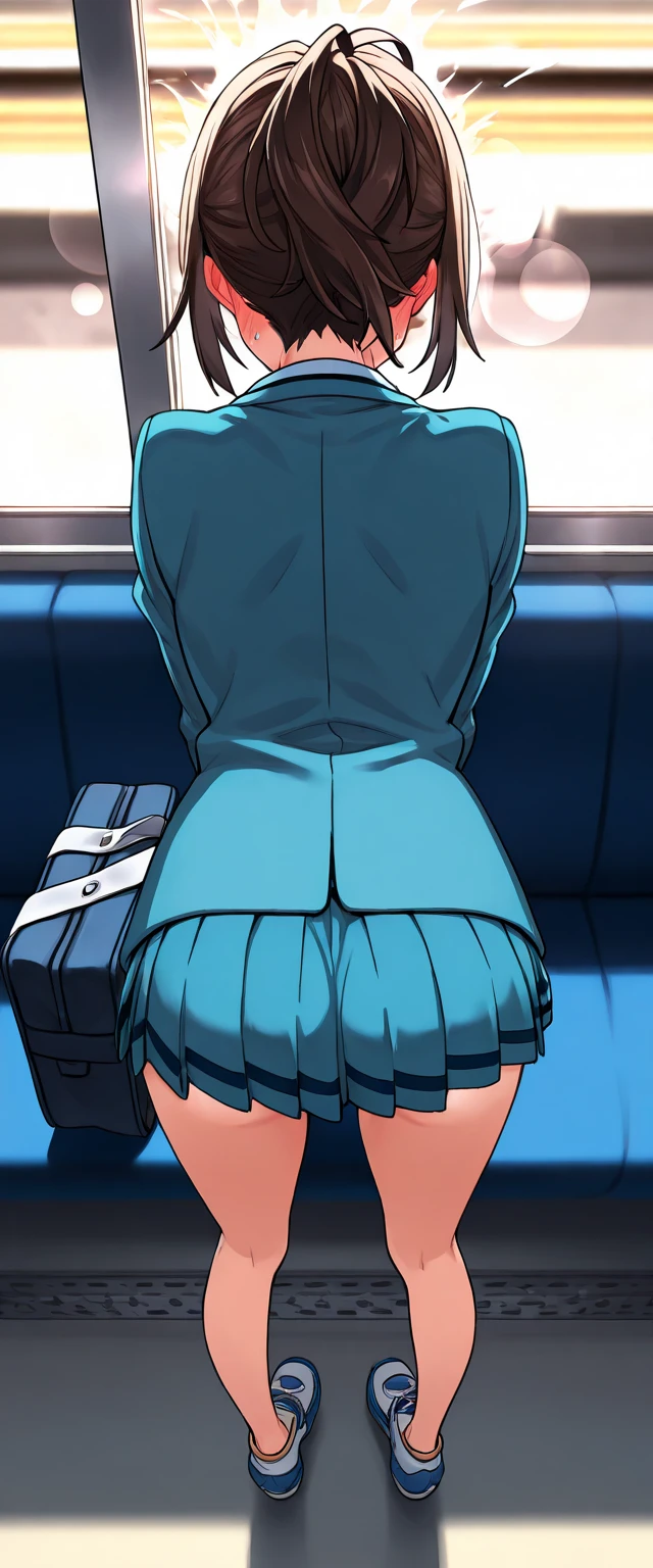 (((Spread your legs and turn your ass towards me)))、Glasses、Uniform Blazer、Beautiful beauty、Long purple hair、((whole body))、(((Photo taken from below)))、school gate、Big Breastini skirt、Panties are blue lace、tall