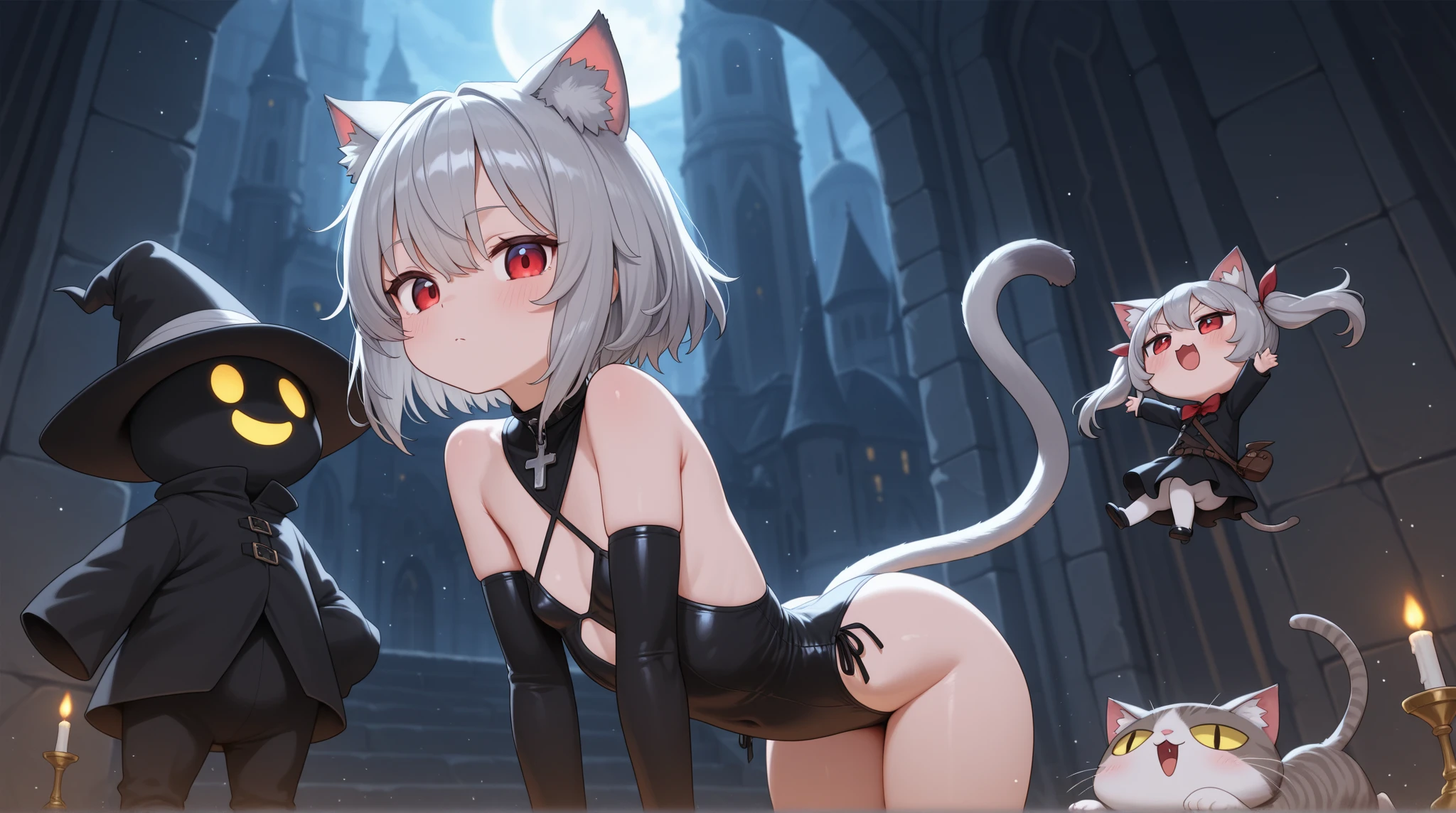 (score_9,score_8_consolation,score_7_consolation),1 woman,cat girl,gray hair,pink eyes,cat ears,cat tail,exposed ruins,beautiful_face, exposed chest, Exposed nipples, exposed pussy, Love juice coming out of pussy, Love juice pooled on the floor, snood, Traces of sexual slavery engraved on the womb., heart eyes, dehisce, deep blush, tear, Empty expression without focus, revealing clothes, Exposed belly, exposed waist, devil girl, girl exactly in the center, Devil's Castle, front view,evil look