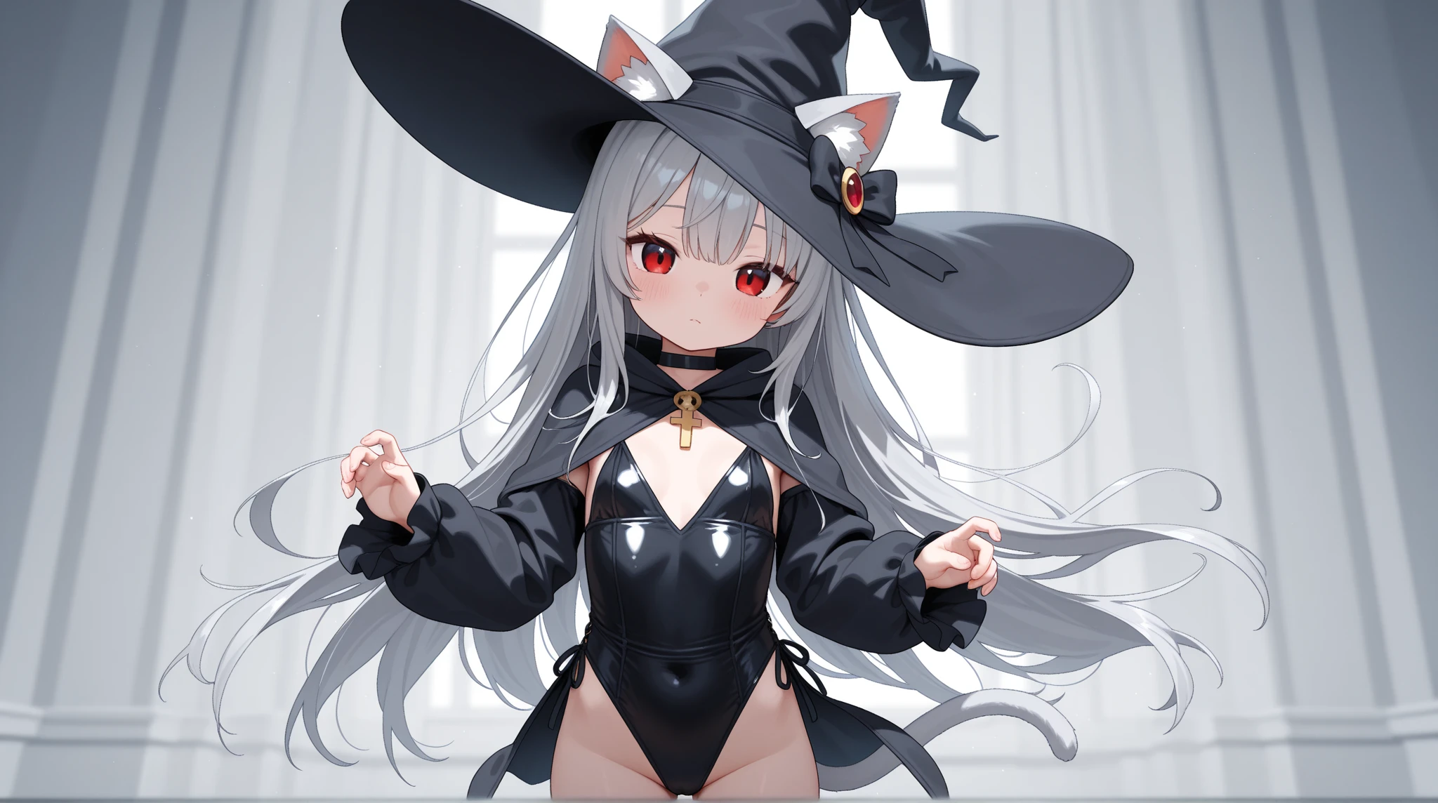 high quality, ultra detailed, best quality, insanely detailed, beautiful, masterpiece, 1girl, solo, illustration, night forest, particle lights, cowboy shot, looking at viewer, red eyes, long hair, bangs, black hair, witch, witch hat, bodycon dress, cat tail, large breasts, cleavage, thighs, closed mouth, smile, blush