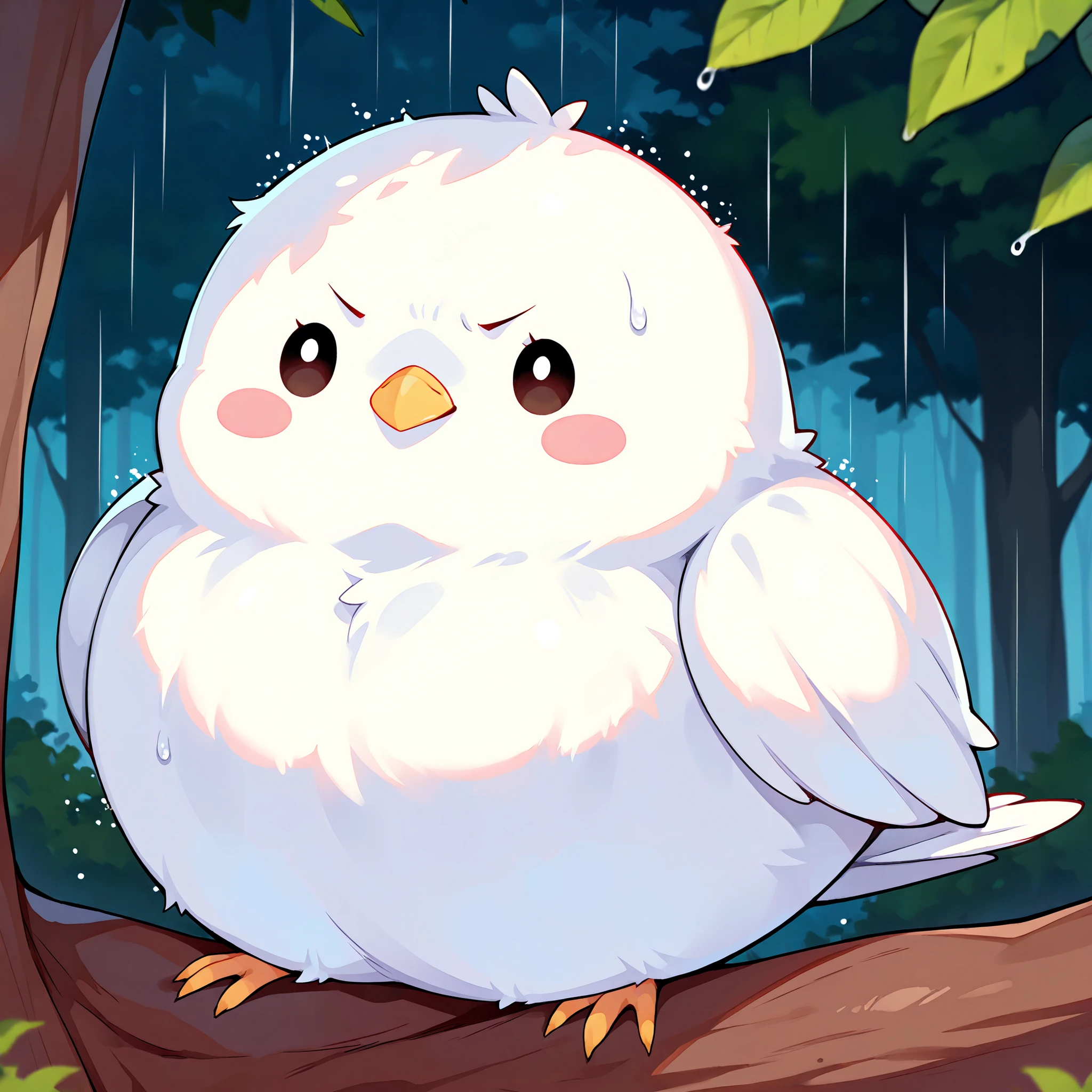 Masterpiece,Best quality, ultra detailed,Japanese Anime style, (pure white sparrow mascot) , round body, fluffy body,simple face, cute appearance, in a bit of trouble, it's rainy, hiding under a thick tree,