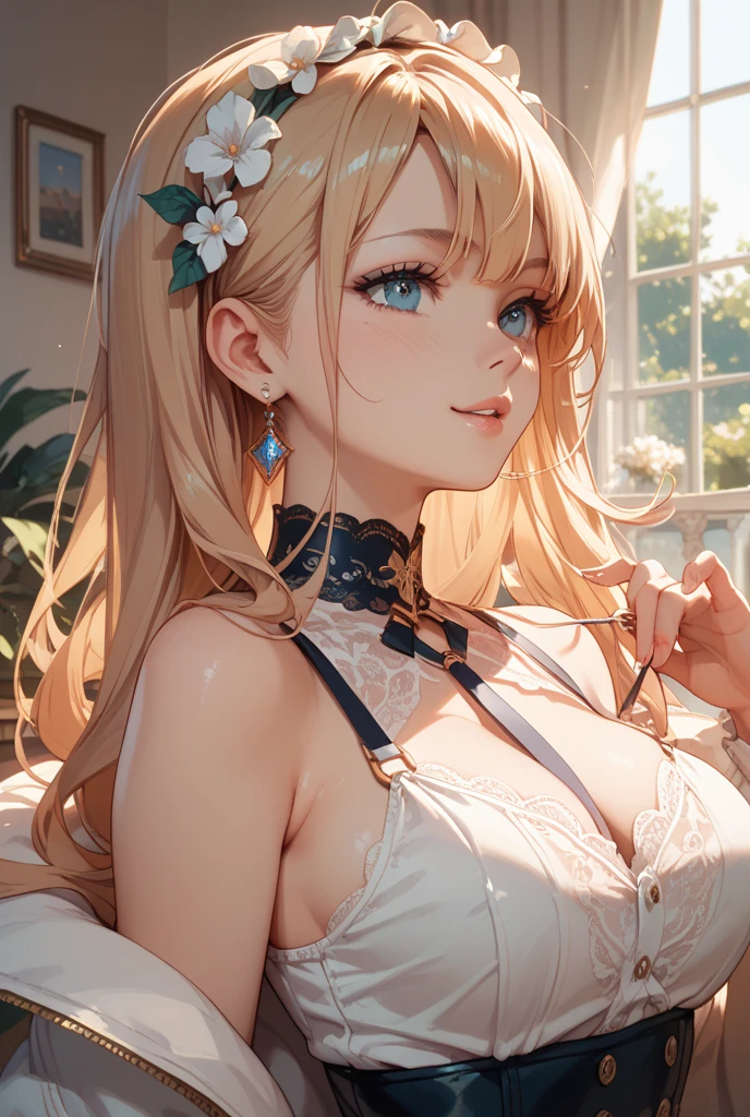(best qualityer, ultra details, photorrealistic: 1.39), Face of a naughty 29 year old ager, beautiful woman, (mellow), pale white skin, red cheek, blush, bright and vibrant colors, studio lighting, romantic expression, perfect large breasts, shoulder straps, plunging necklase, during, (black gown), luxurious dress, clavicle, necklase, luxurious, (beautiful round breasts:1.2), (thighs point of view), Wind blowing hair, bright coloured, dynamic lighting, ((face detailed)), long white hair, bangsss laterais, bangss, Wavy hair, (wire braids), hair clips, hair over eyes, yellow cat eyes, attractive eyes, Glossy lips, pose sexy, beautiful roses, smiling with confidence and seduction, Posing for a professional photo shoot, Shallow depth of field, soft natural lighting, Creating a dreamy and magical atmosphere, In the living room, Romantic dinner, Table and chairs, candles, and petals in the air, seductive pose on the chair