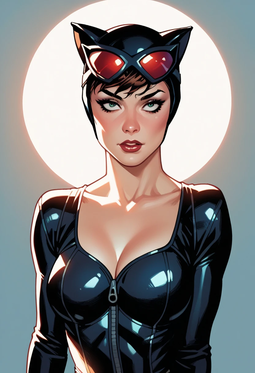 1girl, solo, cleavage, bodysuit, animal ears, black bodysuit, gloves, large breasts, cat ears, lipstick, makeup, parted lips, marker \(medium\), lips, sunglasses, upper body,milf,huge breasts,(shiny skin),(mature female:1.2),<lora:artgerm-v1.5-nai-resize:0.7>