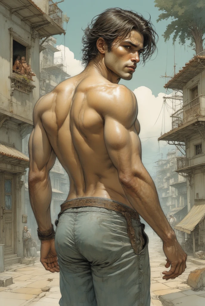 watercolor In the iconic art style of joaquin sorolla an henry scott tukei, a hyperrealistic, meticulous illustration of a young, slim, and muscular Latino with a strong display of leadership body language and perfectly detailed anatomy. He's illuminated by the warming sun, standing barefoot in the center of a victorian gentleman bar with many victorian men looking at him. The Latino man, with strong muscular legs, a peaceful gaze, and a subtly hidden smile, hints at his athleticism, wearing a swimmer's
