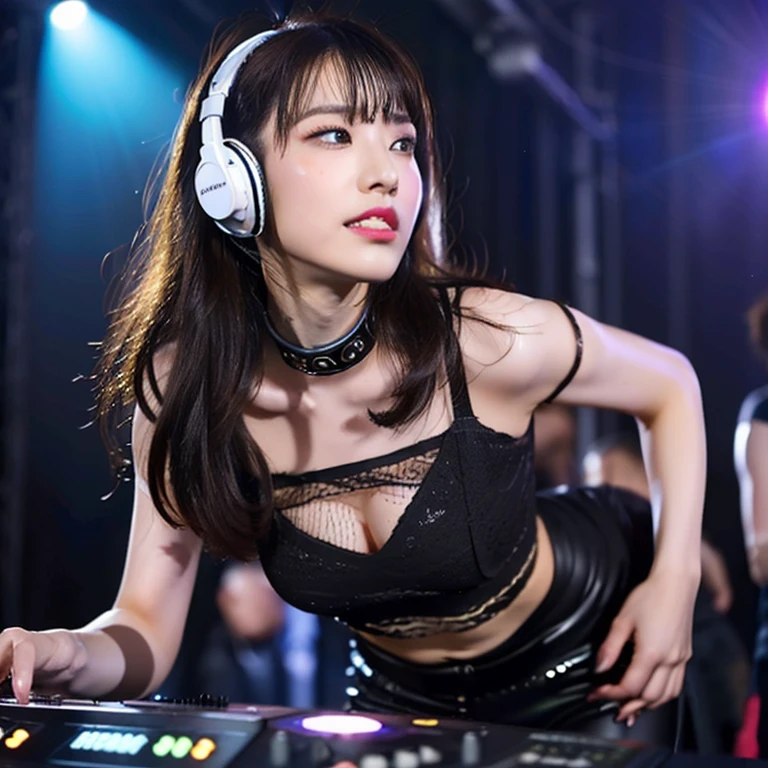 ((DJ girl at a nightclub, Super popular DJ player, Enjoy operating DJ equipment:1.2)), (beautiful girl, :1.5, Cute face), Perfect Style, (((Small breasts))), ((Detailed eyes and face, Professional photography techniques, Cinema Lighting)), Detailed hands, (Highest quality, 8K, masterpiece:1.2, RAW Photos), (Reality:1.4), View the viewer, Focus on the venue, Wearing headphones, Short Hair, ((Wavy Hair)), (Stylish outfits)